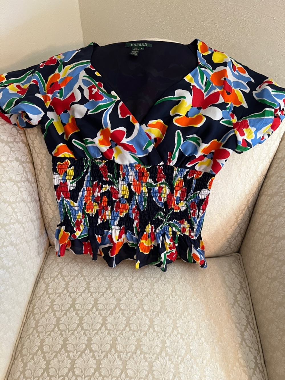 Lauren Ralph Lauren Navy Multicolor Floral Smocked Waist Blouse
